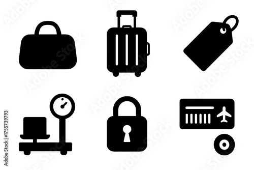 Travel icons set: luggage, tag, scale, lock, boarding pass, wheels