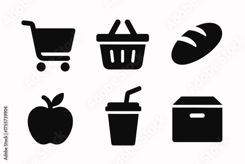 Shopping icons: cart, basket, bread, apple, drink, box in black silhouette