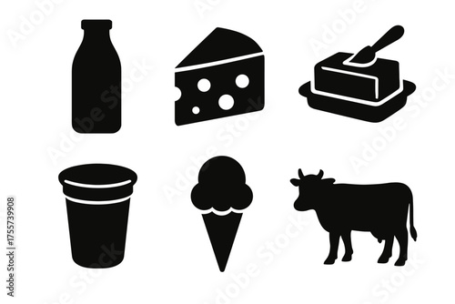Silhouette icons of dairy products and cow - milk, cheese, butter, yogurt, ice cream