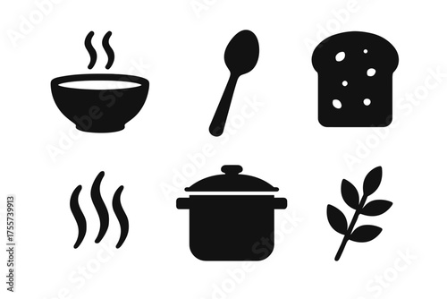 Black silhouette icons of cooking utensils and food elements