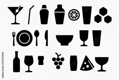 Silhouettes of bar and dining icons in black and white design