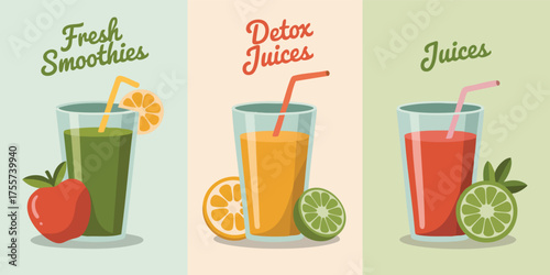 Three juice glasses orange green red each with fruit