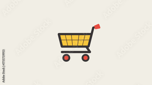 A simple flat illustration of a yellow shopping cart with red wheels and handle