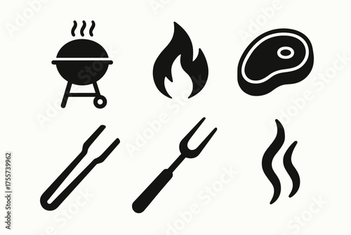 Barbecue and grilling icons: grill, flame, steak, utensils, smoke symbols