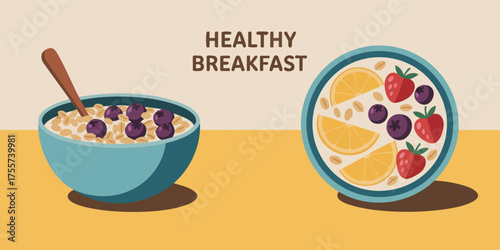 Two bowls of breakfast foods with oats blueberries strawberries and oranges labeled HEALTHY BREAKFAST