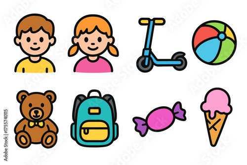 Cartoon kids and toys: caucasian boy and girl with playful items