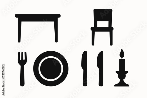 Silhouette icons: dining table, chair, cutlery, candle, plate