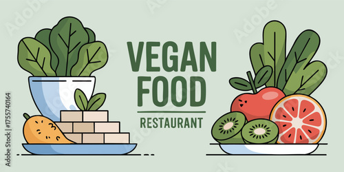 Vegan food promotion with fruits vegetables and tofu display