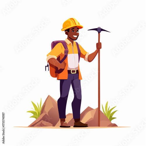 Illustration of smiling worker with backpack and pickaxe standing on rocks