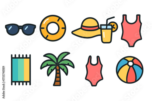 Summer beach icons: sunglasses, inflatable, hat, drink, swimsuit, towel, palm, ball
