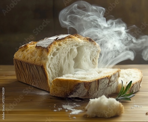 A freshly baked loaf of rustic bread with a golden crust and soft, fluffy interior sits on a wooden surface, releasing steam. A sprig of rosemary and scattered crumbs add a warm, homemade touch.