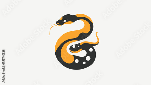 Stylized snake in black and orange, coiled, with white dots on its body