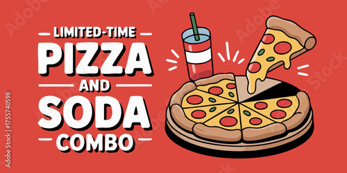 A pizza and soda combo is advertised on a red background with white lettering