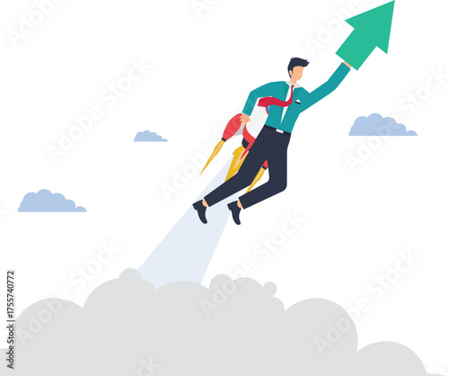 Soaring success awaits with a dynamic businessman propelling upwards with an arrow, representing achievement and ambitious corporate growth strategies today