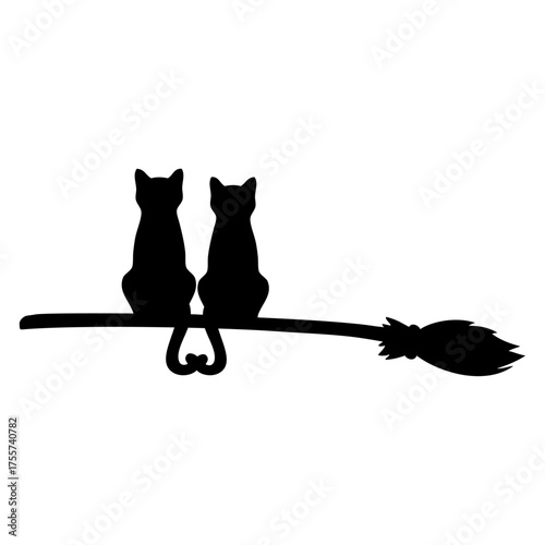 Logo con silueta de pareja de gatos negros sentados en una escoba de bruja con los rabos unidos, para su uso en felicitaciones y tarjetas de Halloween
