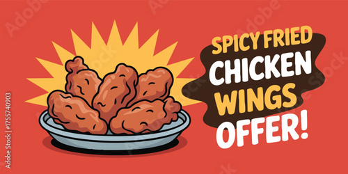 Cartoon ad shows fried chicken wings on a plate with offer text set against a red background with a yellow burst