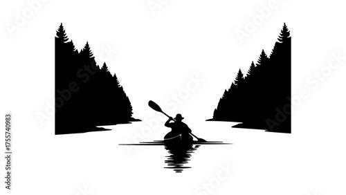 Kayaker on lake between pine trees with transparent background