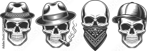 Set of detailed black and white skull illustrations wearing various hats and bandanas with vintage gangster tattoo art style