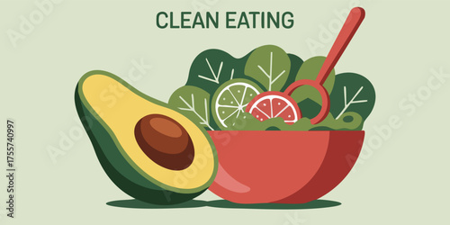 Cartoon avocado half bowl of salad with leaves  lemon spoon titled Clean Eating on a lightgreen background