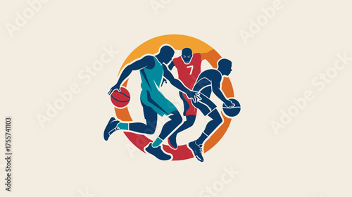 Stylized basketball players in motion, dribbling around a circular motif