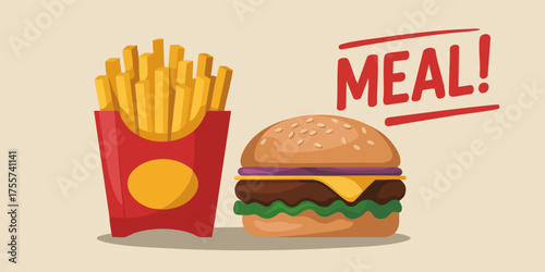 Cartoon depiction fries in a red box a burger and the text Meal on a tan background