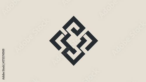 A dark geometric symbol is centered on a neutral background