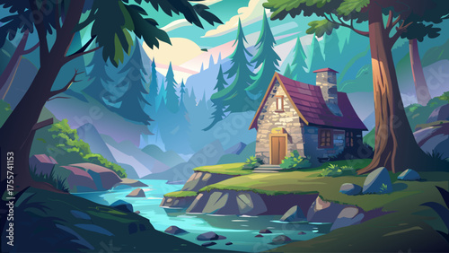 Stone cabin in foggy forest valley, trees fading in mist, small stream flowing nearby, soft light creating dreamy mysterious atmosphere
