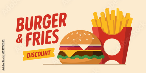 Cartoon of burger  fries with discount text