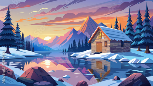 Stone cabin near frozen lake, reflection of icy mountains on surface, soft light from sunset, snow-covered trees and winter calmness