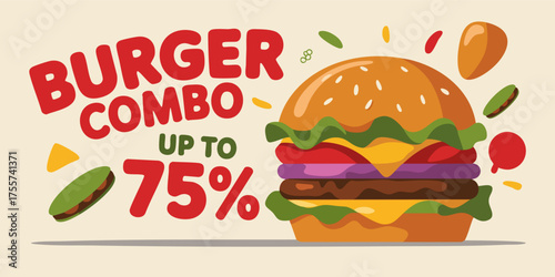 Cartoonstyle burger combo deal with a large colorful burger text promoting a discount up to 75