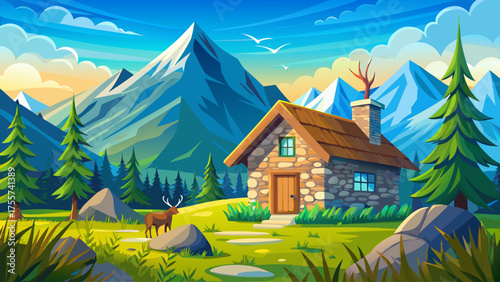 Mountain stone cabin surrounded by wild deer and tall grass, blue mountains in background, bright sunlight, and clear blue sky above open landscape