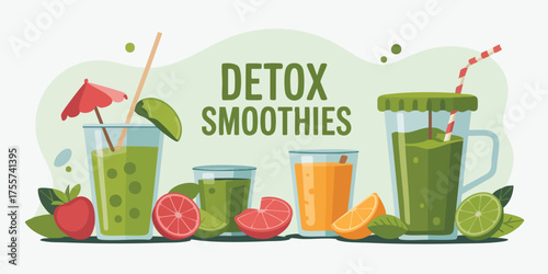 Colorful detox smoothie illustrations various fruit toppings and Detox Smoothies text on a light background