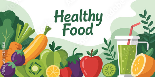 Colorful illustration of vegetables fruits and a smoothie with Healthy Food text