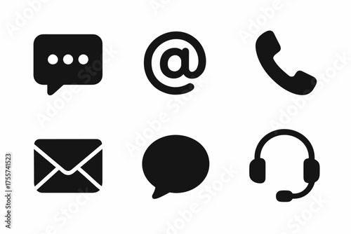 Black contact icons set: chat, email, phone, customer support