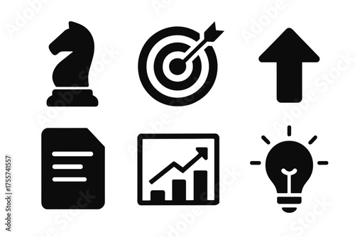 Collection of business and strategy icons featuring chess knight, target, arrow, document, graph, and light bulb