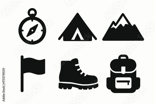 Camping adventure icons: compass, tent, mountain, flag, boot, backpack