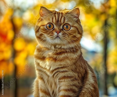A fluffy ginger tabby cat with big amber eyes sitting in an autumn forest, surrounded by golden leaves. The warm sunlight highlights its rich fur patterns, creating a cozy and serene seasonal .