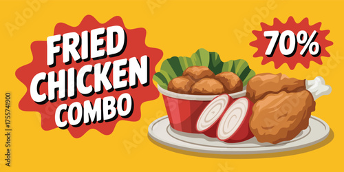 Fried chicken combo promotion with 70 off featuring illustration of food items on a yellow background