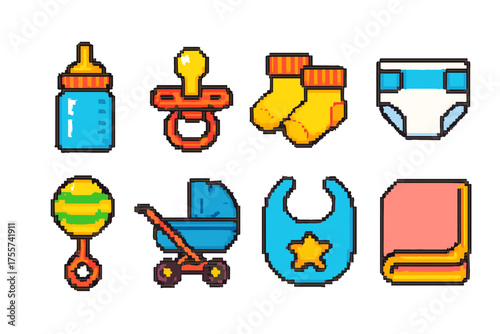 Colorful pixel art baby essentials collection with toys and accessories