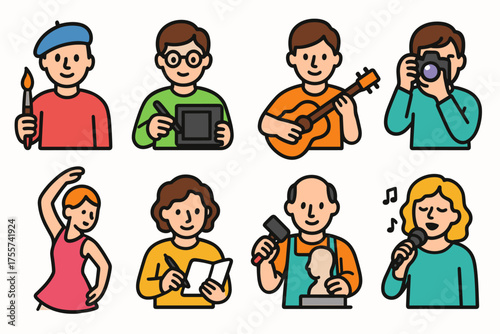 Creative professions: diverse characters engaged in artistic hobbies and careers