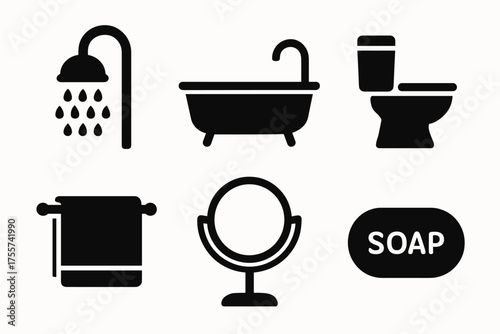 Bathroom icons: shower, bathtub, toilet, towel, mirror, soap