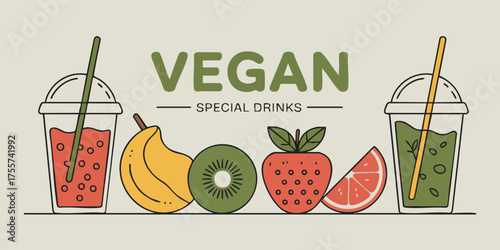 Graphic of fruitbased drinks with Vegan Special Drinks text featuring fruit images