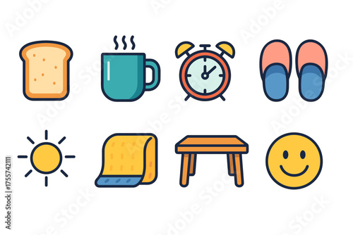 Morning icons: toast, coffee, alarm clock, slippers, sun, towel, table, smiley face