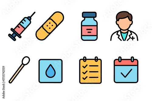 Healthcare icons: syringe, bandage, medicine, doctor, swab, drop, checklist, calendar