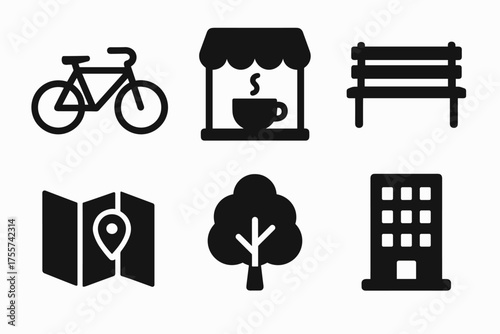 Urban icons set featuring bicycle, coffee shop, park bench, map, tree, and building