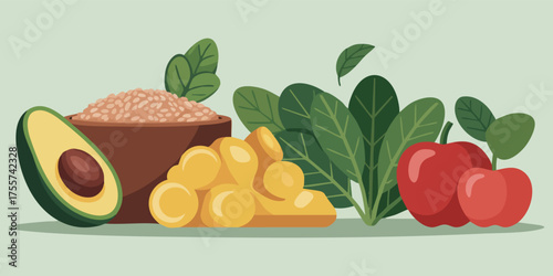 Illustration of an avocado rice bowl grains spinach and two apples