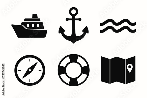 Nautical icons set: ship, anchor, waves, compass, lifebuoy, map symbols