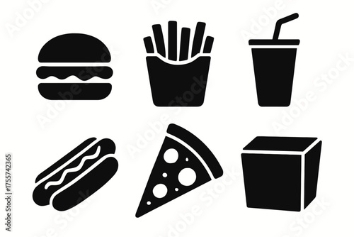 Fast food icons: burger, fries, drink, hot dog, pizza, box