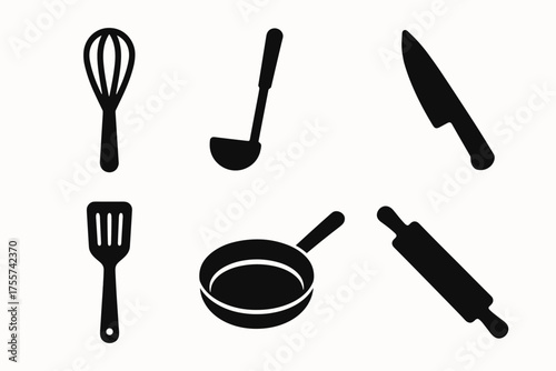Silhouette icons of kitchen tools: whisk, ladle, knife, spatula, pan, rolling pin