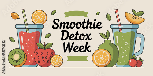 Illustration of two smoothie drinks various fruits and Smoothie Detox Week text on a neutral background